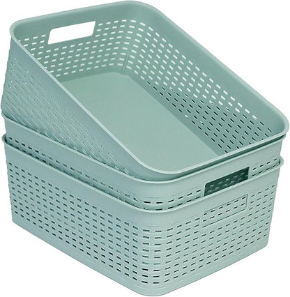 Soddeph Plastic Storage Baskets for Cabinets, Household Pantry Organization with Handle,Organizer Bins for Room,Bathrooms,Under-Sink,Kitchen (Green, M-3PACK)