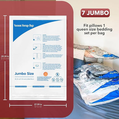 Vacuum Storage Bags 7 Jumbo, Space Saver Sealer Bags,Vacuum seal bags for clothing, Pillows, Comforters, Blankets, Bedding