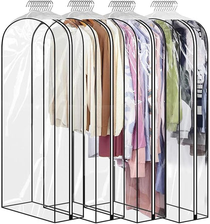50" Clear Clothes Hangers with Smooth Side Zipper, 10" Gusseted Waterproof Garment Bags for Shirts, Coats, Dresses, Suits, 4 Pack