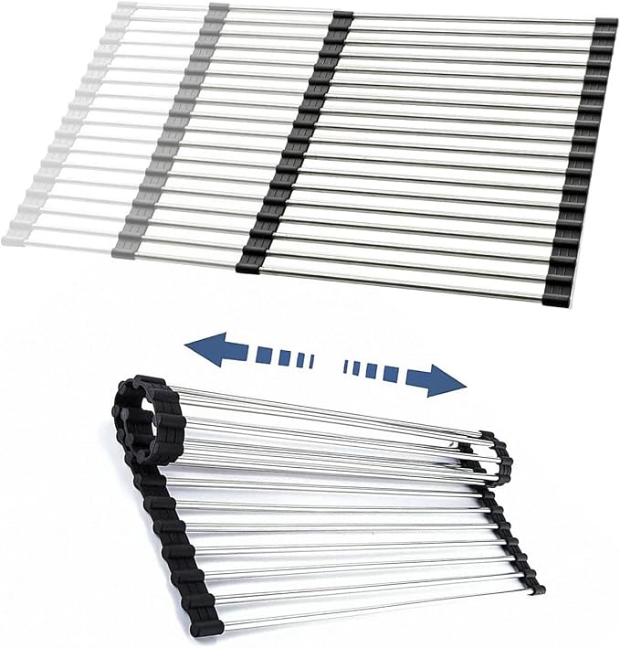 CHIRISEN Expandable Large Roll Up Dish Drying Rack, Foldable Over The Sink Dish Drying Rack, Rolling Dish Drainer Stainless Steel Roll Rack for Kitchen Sink Counter (Black, 21.25x12.79)