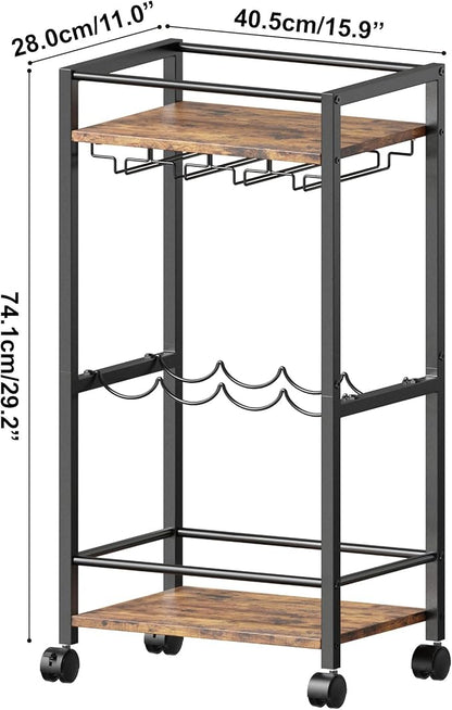 Bar Cart, Home Bar Serving Cart, Mobile Kitchen Carts with Wheels, Small Rolling Cart with Wine Rack and Glass Holders, Rolling Beverage Cart for Kitchen, Dining Room, Living Room, Rustic Brown