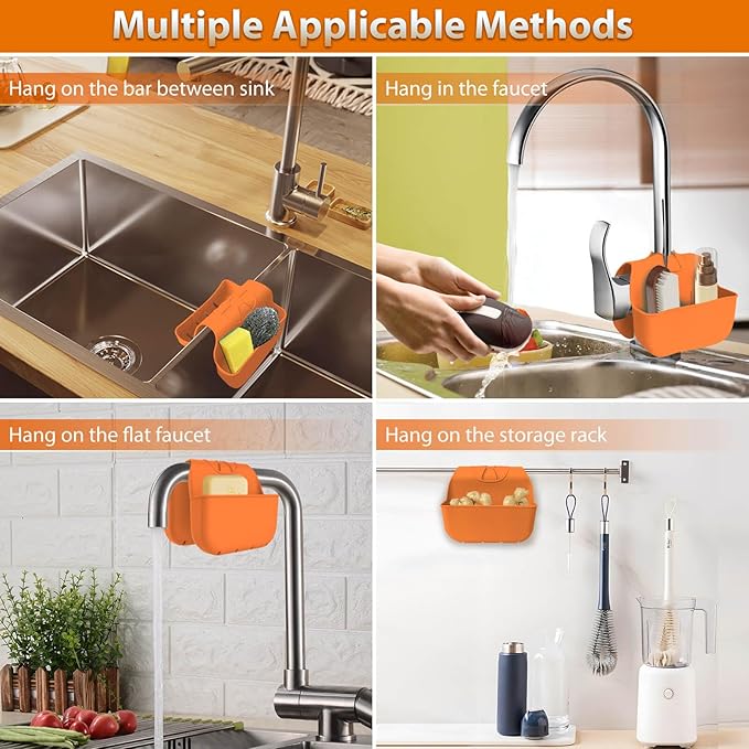 VPASION Sponge Holder for Kitchen Sink, Silicone Sink Saddle Caddy Organizer Rack, Sponges Holder Over Faucet, Hanging Kitchen Organizer Accessories Rack Basket Orange