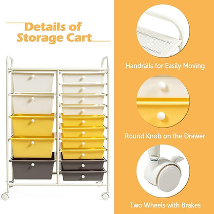 KOTEK 15-Drawer Rolling Storage Cart, Multipurpose Mobile Utility Cart with 4 Wheels, Home Office School Tools Scrapbook Paper Organizer (Yellow)