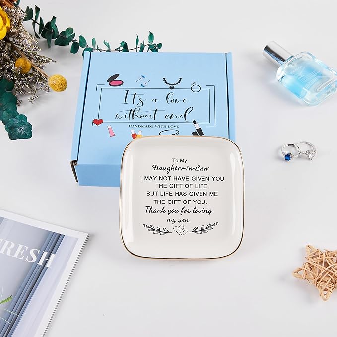 COZITED Daughter in Law Gifts from Mother in Law - Jewelry Dish Tay for Daughter in Law Birthday Christmas Valentines Mother's Day Wedding Gift for Daughter in Law - Thank You for Loving My Son