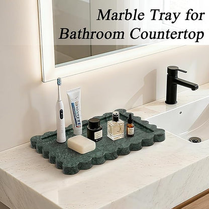 Real Natural Marble Tray, Luxury Scalloped Vanity Decorative Tray, Genuine Indian Green Stone Tray for Bathroom Dresser, Home Decor, Kitchen Storage, Non-Resin/Ceramic, 10.6" x 8", Green