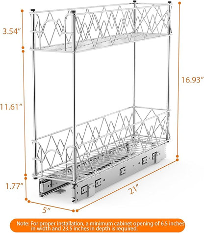 Narrow Pull Out Cabinet Organizer - 5" W x 21" D, 2-Tier Kitchen Cabinet Drawer Slide Out Shelves, Chrome