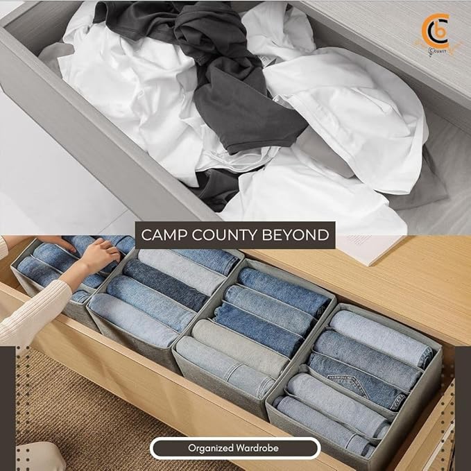 Foldable Wardrobe Clothes Organizer Storage Boxes - Set with 5 Grids- Fabric Shelf Dividers, Small Size Organizer with PPE Sheets, Stackable Clothing Box for Jeans,Pants, Sweaters,T-Shirts (Pack of 4)