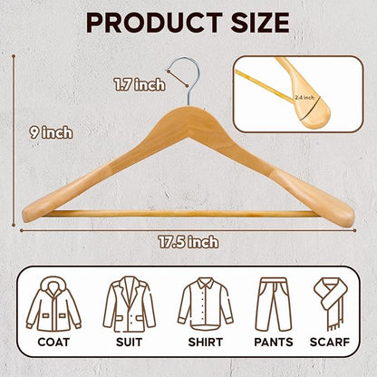 ELONG HOME Suit Hangers, 6 Pack Heavy Duty Wooden with Extra Wide Shoulder, 17.5" Luxury Coat for Closet, Natural with 360 Swivel Hook & Strong Pant Bar