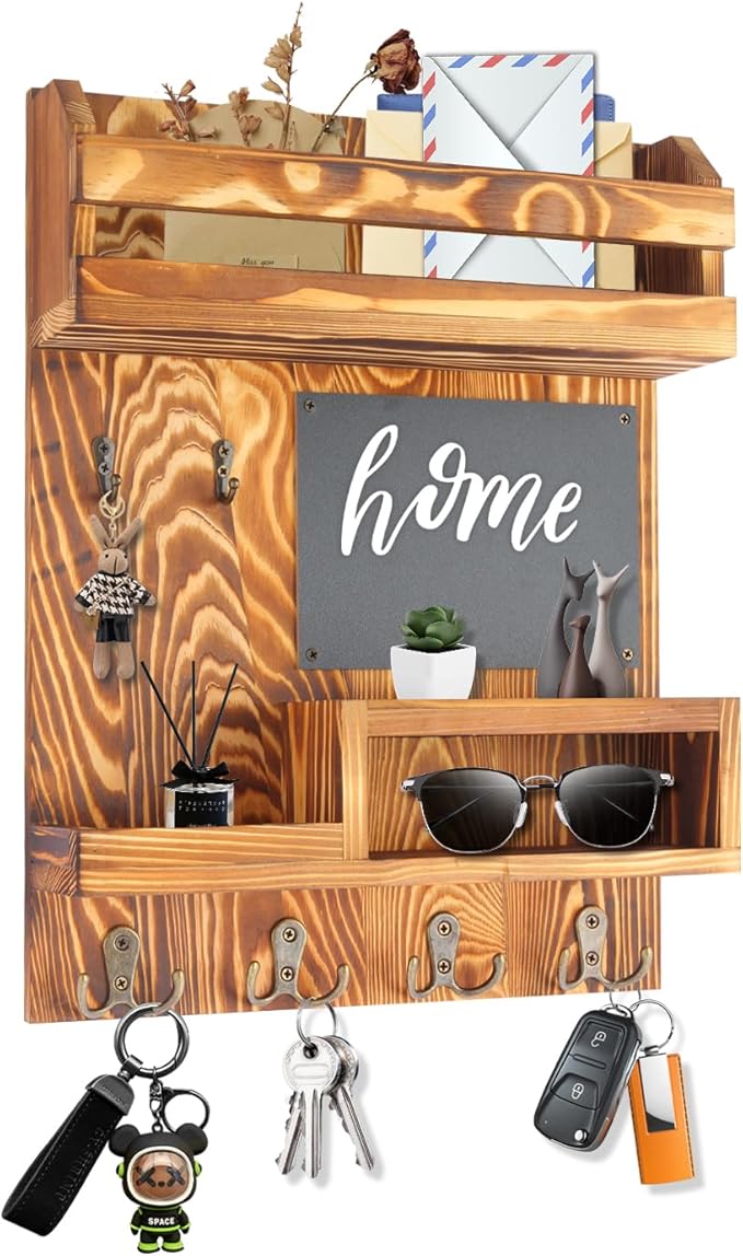 Large Key and Mail Holder Wall Mount, 12.5x16.5 Inch Solid Wood Key Racks for Entryway, Front Door, Hallway, Wall Organizer (Burnt Brown)