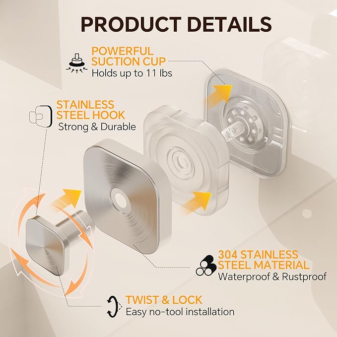 XCIXCI 2Pack Suction Cup Hooks for Shower, Bathroom, Glass Door – Heavy Duty Waterproof Suction Hooks for Towel, Loofah, Bath Robe and Wreath Hanging – No Drill Removable Hook, Brushed Silver