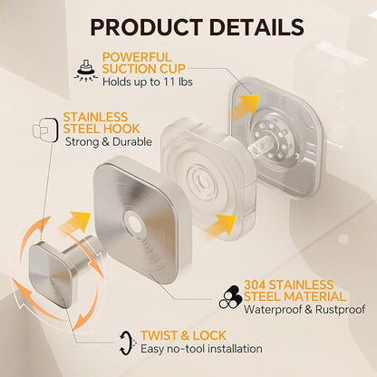 XCIXCI 2Pack Suction Cup Hooks for Shower, Bathroom, Glass Door – Heavy Duty Waterproof Suction Hooks for Towel, Loofah, Bath Robe and Wreath Hanging – No Drill Removable Hook, Brushed Silver