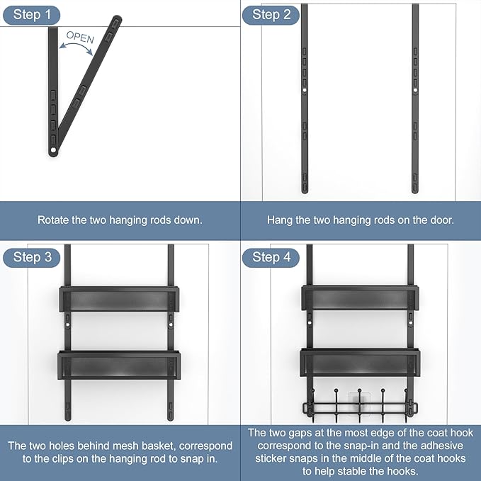 Aimeaihe Adjustable Over The Door Hooks Organizer, Door Hanger Coat Rack with 2 Mesh Baskets and 10 Hooks, Back of Door Storage Organizer for Bedroom,Bathroom,Kitchen (Black)