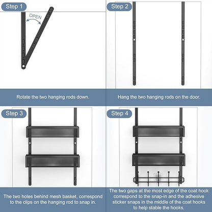 Aimeaihe Adjustable Over The Door Hooks Organizer, Door Hanger Coat Rack with 2 Mesh Baskets and 10 Hooks, Back of Door Storage Organizer for Bedroom,Bathroom,Kitchen (Black)