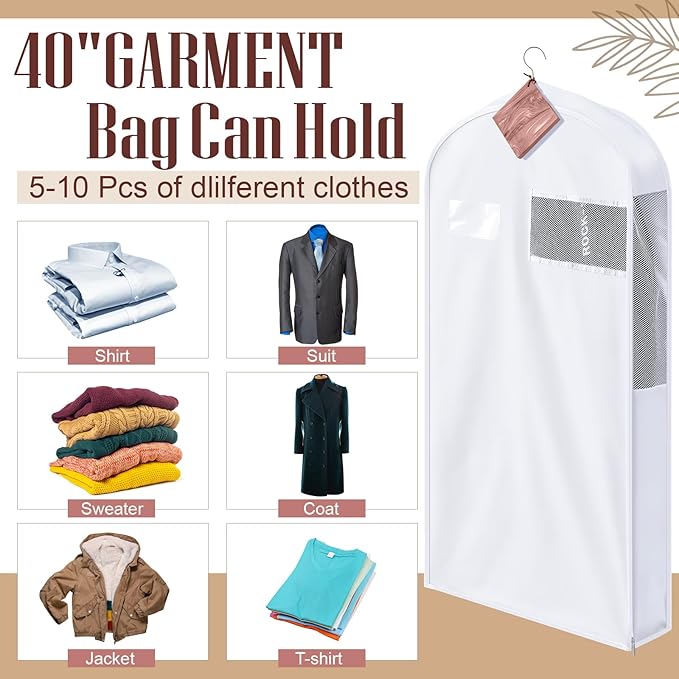 2 Sets 40 Inch Short Cotton Garment Bags, Breathable Hanging Clothes Covers with Card Pocket & Mesh Viewing Window, 8 Cedar Blocks for Suits, Sweaters, Fur Coats, Short Dresses, 6 Inch Wide