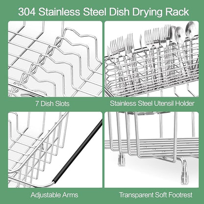 SwetLao Large Sink Dish Drying Rack, Expandable 304 Stainless Steel Metal Dish Drainer Rack Organizer Shelves with Stainless Steel Utensil Holder Over Inside Sink, Rustproof