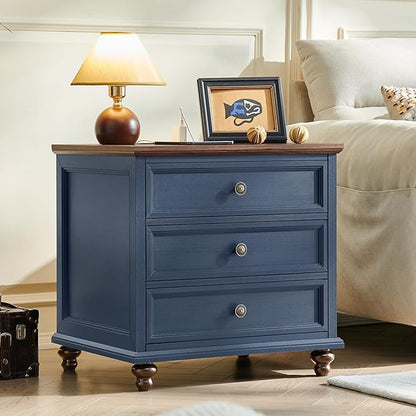 Joaxswe Farmhouse Nightstand with Charging Station, 24" Wide End Table with 3 Drawers,Blue Wood Dresser for Bedroom, Bed Side Table Chest of Drawers Cabinet,Night Stand for Living Room, Closet