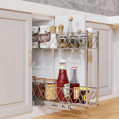 Narrow Pull Out Cabinet Organizer - 5" W x 21" D, 2-Tier Kitchen Cabinet Drawer Slide Out Shelves, Chrome