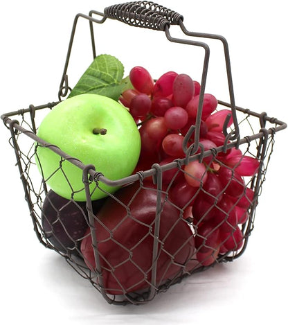 CVHOMEDECO. Square Chicken Wire Egg Basket Fruit Basket with Swing Handles Primitives Vintage Gathering Basket. Rusty