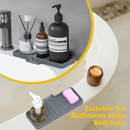 JOOKKI Sponge Holder for Kitchen Sink, Soap Tray for Sink & Counter, 9.8"×4.9" Soap Dish Mat, Silicone with Drain, Perfect for Dispenser, Scrubber, Bottle, Cup (Gray)
