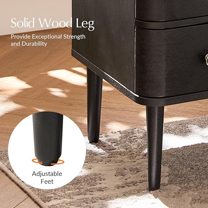 HULALA HOME Modern End Table with Charge Station, 3 Drawer Wood Side Table with Solid Wood Legs & Adjustable Feet, Curved Design End Table, Charcoal