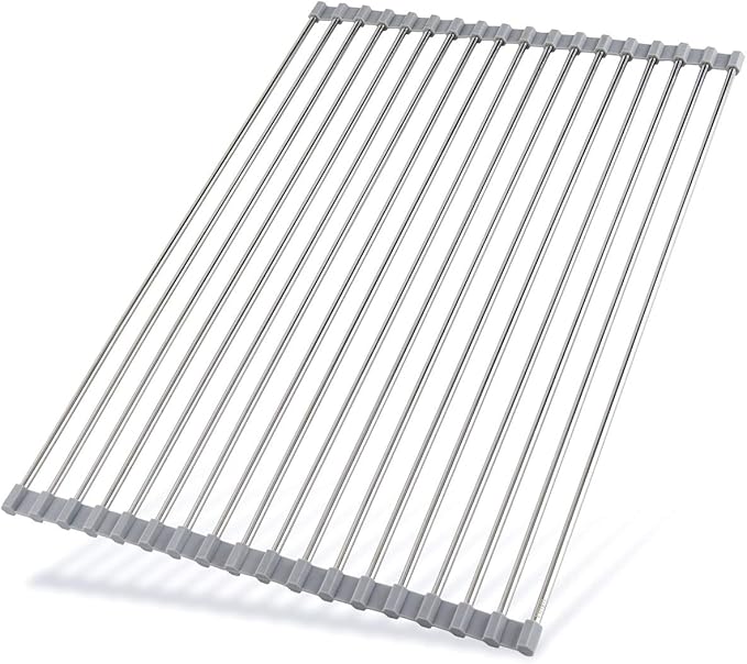 Hhyn Roll Up Dish Drying Rack 20.5"(L) x 13.8"(W) - Stainless Steel and Silicone Dish Drying Mat Over The Sink Foldable Drain Rack Multipurpose Dish Drainer Extra Large, Gray