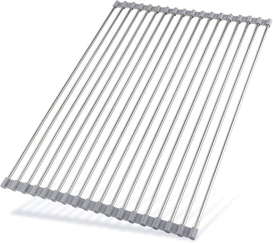 Hhyn Roll Up Dish Drying Rack 20.5"(L) x 13.8"(W) - Stainless Steel and Silicone Dish Drying Mat Over The Sink Foldable Drain Rack Multipurpose Dish Drainer Extra Large, Gray
