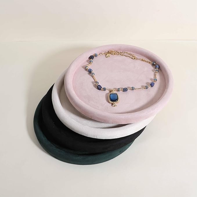 GemeShou Round Jewelry Organizer Plate, Top Microfiber Velvet Jewelry Display Tray, Empty Jewelry Showcase Tray for Necklaces, Bracelets, Rings, Earrings (Pink-Large, 9.8 x 9.8 in)
