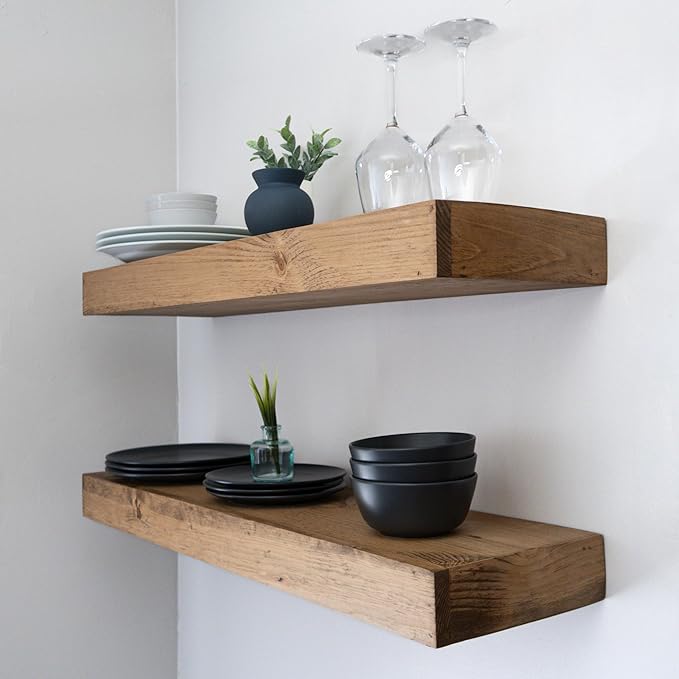 Urbandi Modern Floating Shelves 3 Inches Thick for Wall, Wide Shelves for Kitchen, Living Room, Bedroom, and Bathroom, Natural Pine Wood, Rustic Wooden Shelf, (Set of 2) (Aged Oak, 24Lx3Hx8D)