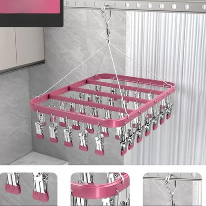 Clothes Drying Racks Clip Hangers Metal with 36 Clips Windproof Hook Underwear Hanger Foldable Laundry Clip for Socks Bras (Pink)