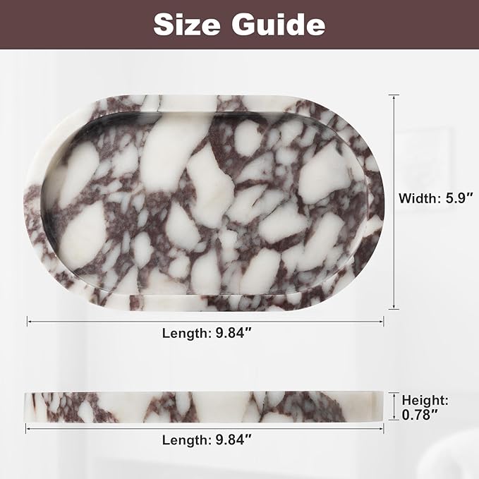 Calacatta Viola Marble Oval Trays 10"x6" - Bathroom Vanity & Kitchen Organizer Set, Stone Serving Dish for Jewelry/Perfume