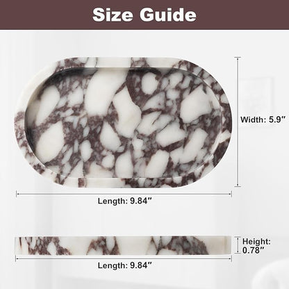 Natural Calacatta Viola Marble Tray 10"x6" - Non-Resin Bathroom Vanity Organizer & Kitchen Decor | Waterproof Oval Stone Serving Dish (Purple Portoro)