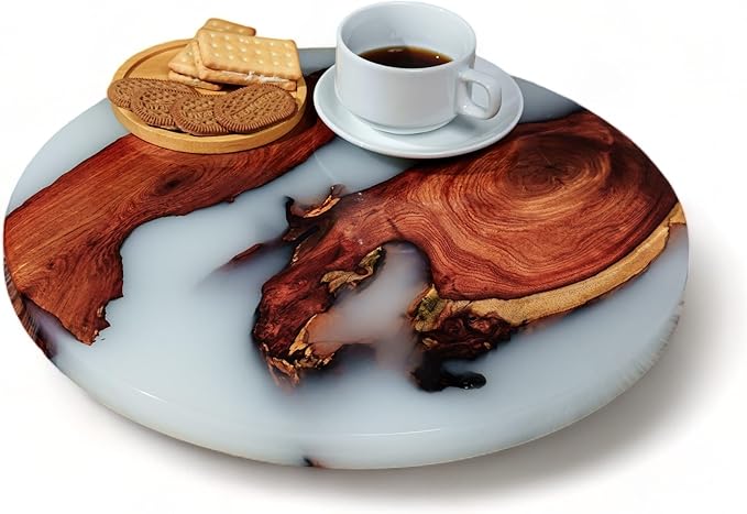 Handmade Reversible 16" Wood and Epoxy Resin Lazy Susan, Turntable for Kitchen Countertop, Rotating Display Stand, Organizer and Storage for Dining Table, Cup Board, Home Decor (White)