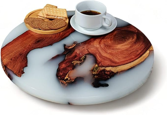 Handmade Reversible 16" Wood and Epoxy Resin Lazy Susan, Turntable for Kitchen Countertop, Rotating Display Stand, Organizer and Storage for Dining Table, Cup Board, Home Decor (White)