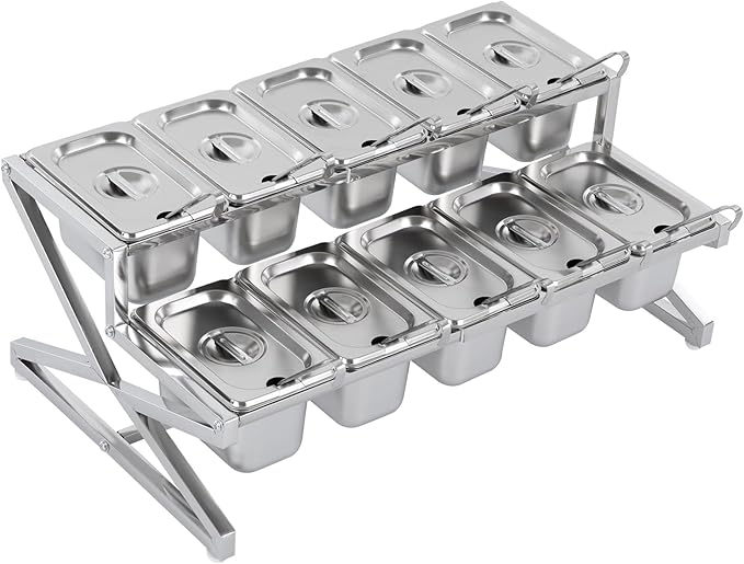 LIYABIN Expandable Stainless Steel Spice Rack Organizer with 10 (1.59 Qt) Lidded Pans, Adjustable 14-25.6 Inch 2-Tier Shelf for Kitchen Counter, Cabinet & Commercial Use