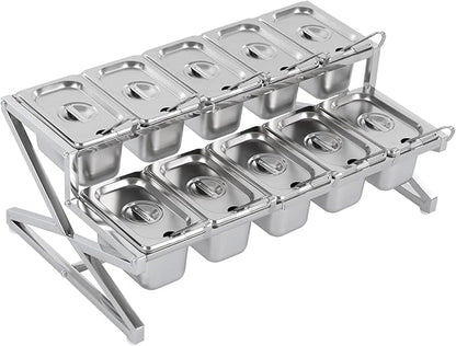 LIYABIN Expandable Stainless Steel Spice Rack Organizer with 10 (1.59 Qt) Lidded Pans, Adjustable 14-25.6 Inch 2-Tier Shelf for Kitchen Counter, Cabinet & Commercial Use