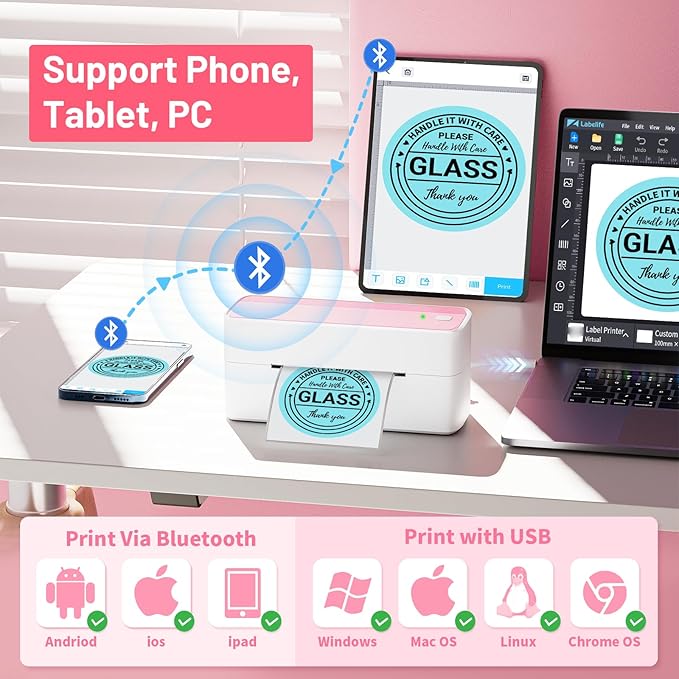 Phomemo Thermal Shipping Label Printer, 241BT Label Printer for Small Business &Shipping Packages, Pink 4x6 Bluetooth Thermal Printers Compatible with Android iOS Windows, Amazon, Ebay,UPS, Shopify