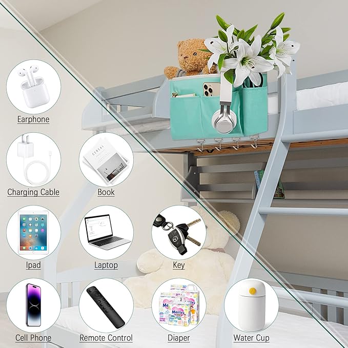 Frjjthchy Bedside Storage Organizer 5 Pockets with 4 Hooks Hanging Storage Bag for Headboards/Bunk Bed (Light Green)