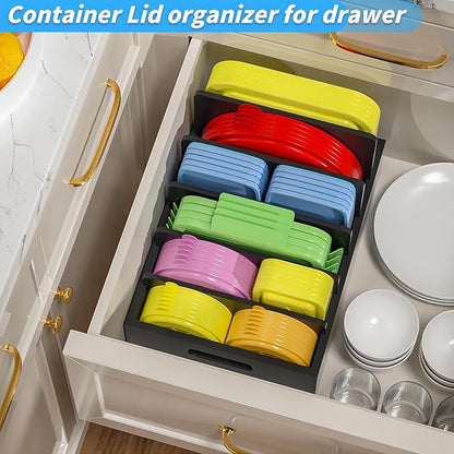 Kiasthome Bamboo Lid Organizers Inside Cabine, Lid Organizer Kitchen Cabinet with 5 Adjustable Dividers, Food Container Plastic Lids Organizer Holders for Drawer Pantry, Black