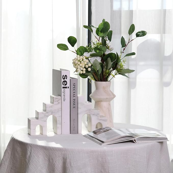 Decorative Natural Marble Book Ends for Shelves, Aesthetic Stone Bookends for Heavy Books, Unique Castle Book Holder/Stopper for Chic Home, Office, or Library Any Bookshelf Decor, Set of 2 (White)