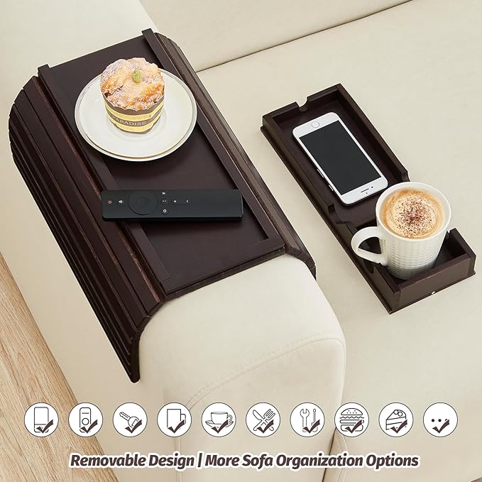 GEHE Detachable Couch Cup Holder, Anti Falling Sofa Arm Tray, Natural Bamboo Sofa Cup Holder More Safe for You Family, Portable Couch Arm Tray Armrest Table for Remote, Snacks, Phone, Drinks