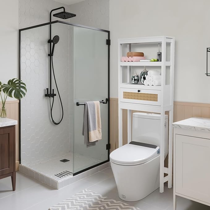 GORZING Over The Toilet Storage Cabinet, 3-Tier Bathroom Organizer with Rattan Door, Wooden Space Saver for Restroom, Bathroom, Laundry