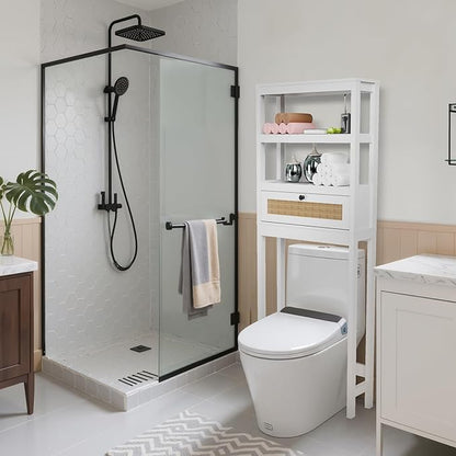 GORZING Over The Toilet Storage Cabinet, 3-Tier Bathroom Organizer with Rattan Door, Wooden Space Saver for Restroom, Bathroom, Laundry