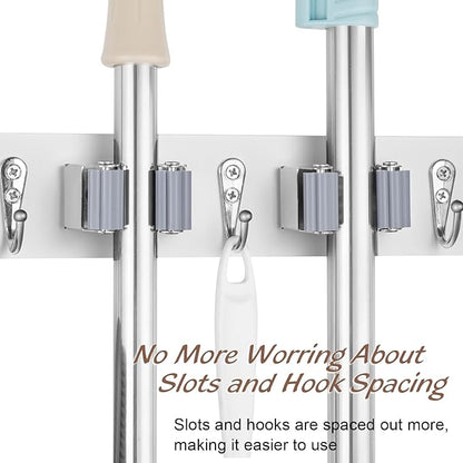 White Mop Broom Holder Wall Mount with 3 Slots & 4 Hooks - Wood Broom Mop Hanger for Pantry Kitchen Organization - Garden Tool Organizer for Closet Laundry Room