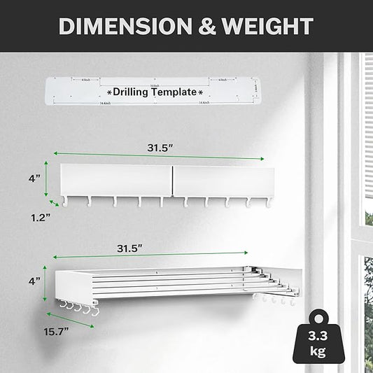 Foldable Wall Mounted Drying Rack - 31.5” Wide, 13.2 Ft Drying Space, 5 Aluminum Rods, Supports Up to 60 lbs - Retractable & Foldable Space-Saving Wall Mounted Clothes Drying Rack (White)