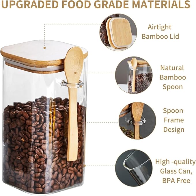 Unbreakable Glass Jars with Airtight Bamboo Lid and Spoon, 4Pcs 49OZ Glass Kitchen Canisters, Overnight Oats Containers, Glass Food Storage Containers for Coffee Beans, Flour, Sugar, Cookie,Pasta