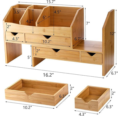 Lawei Bamboo Desk Organizer with Adjustable File Holder, Mini Desk Drawer Tabletop Organization Box with 4 Drawers for Makeup, Letter, Pens, Home Office Supplies, Vanity, 3 Layer, Fully Assembled