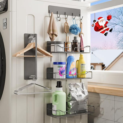 5 Pack Magnetic Shelves for Washing Machine & Refrigerator, Heavy-Duty Metal Magnetic Laundry Organizer with Hooks, Space-Saving Storage Baskets for Laundry Room, Kitchen & Closet (Grey)