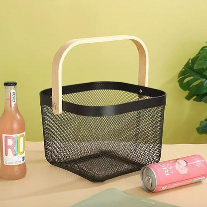 Metal Mesh Wire Basket, Small Steel Basket with Wooden Handle Storage Organizer Basket Multi-functional Hanging Kitchen Baskets Fruit Baskets for Kitchen Bathroom Cabinet Pantry Snacks, Black