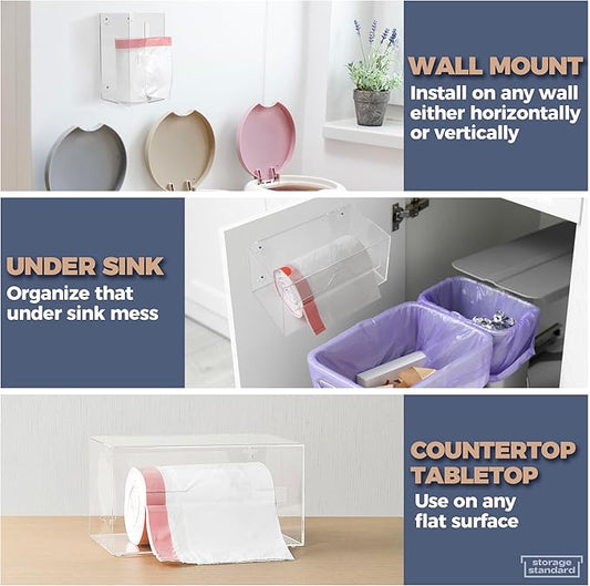 Storage Standard Trash Bag Holder Dispenser - Open Side Acrylic Bags Dispensing Roll Holder, Garbage Liner Holder for Cabinet, Garbage & Under Sink - Organizer for Home or Shops - 10.5" x 5.5" x 5.5"