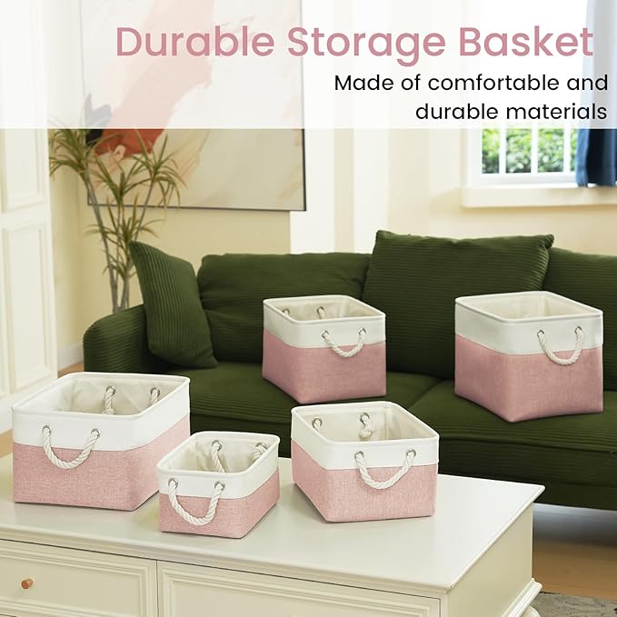 Storage Baskets for Shelves 13.8x9.8x6.7 Inch, Foldable Fabric Storage Bins with Handles, Small Storage Baskets for Organizing Closet, Office, Home Organization (1-Pack, White&Pink)
